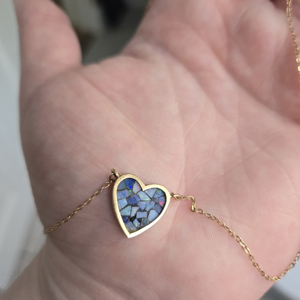 14k Gold Vintage Opal Heart Mosaic Pendant Necklace